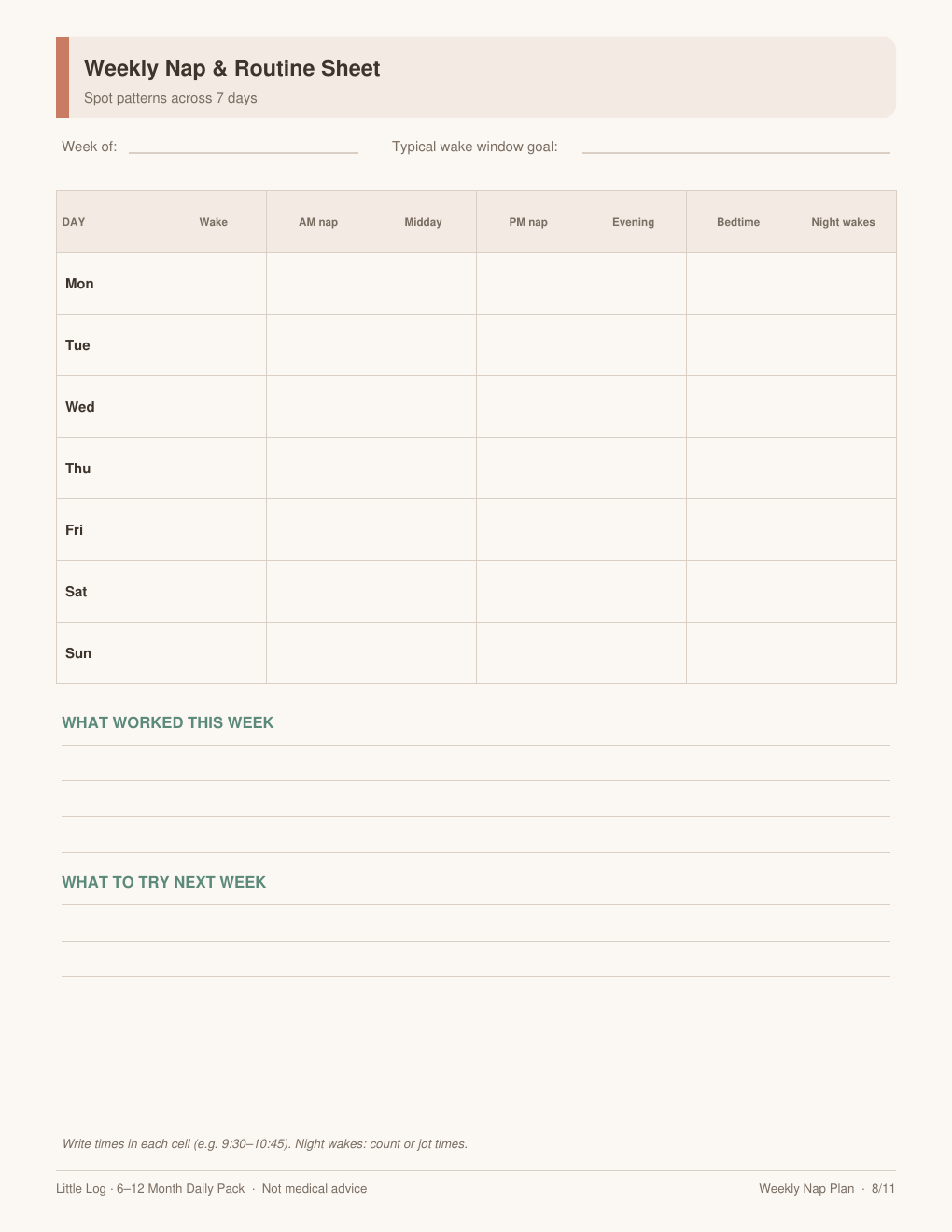 Weekly nap and routine sheet